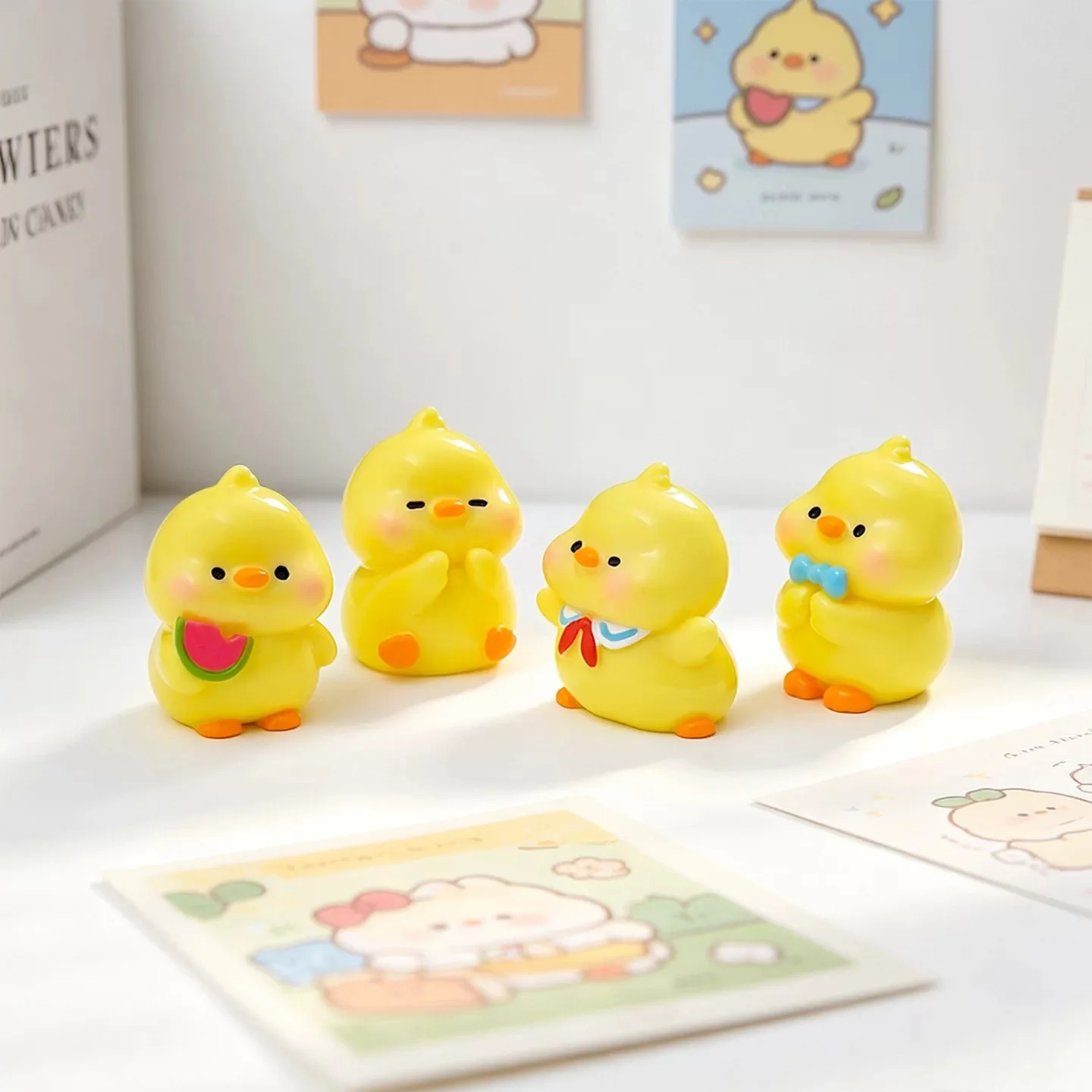 Cute Bow Tie, Crooked Head, Little Yellow Duck Figurine, DIY Decoration Accessories, Mini Car Carrying Desktop Ornaments