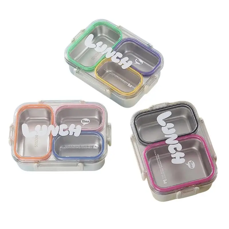 304 Stainless Steel 720ml Leak Proof 3 Compartments Lunch Box With Cutlery For Kids School Office Outdoor Picnics
