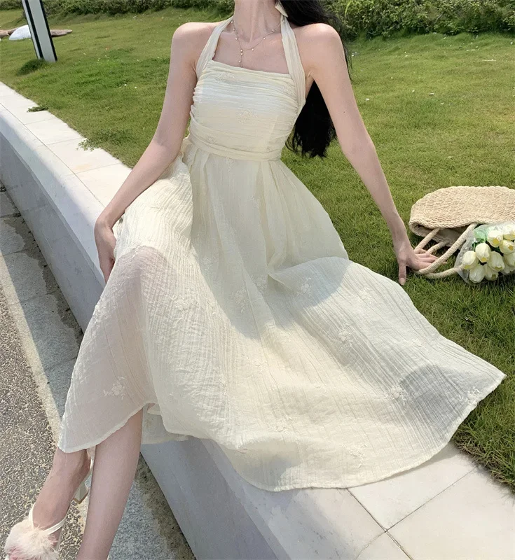 

Summer Korean Fashion Retro Evening Party Midi Dress Women Elegant Princess Embroider Vestidos Female Sling Beach Dresses