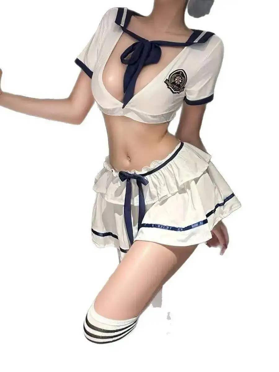 Sexy dulce JK uniforme SM corbata ahueca hacia fuera el deseo puro conjuntos de falda encantadora de manga corta pliegue fugas en el pecho conjuntos de falda elegante X6PQ