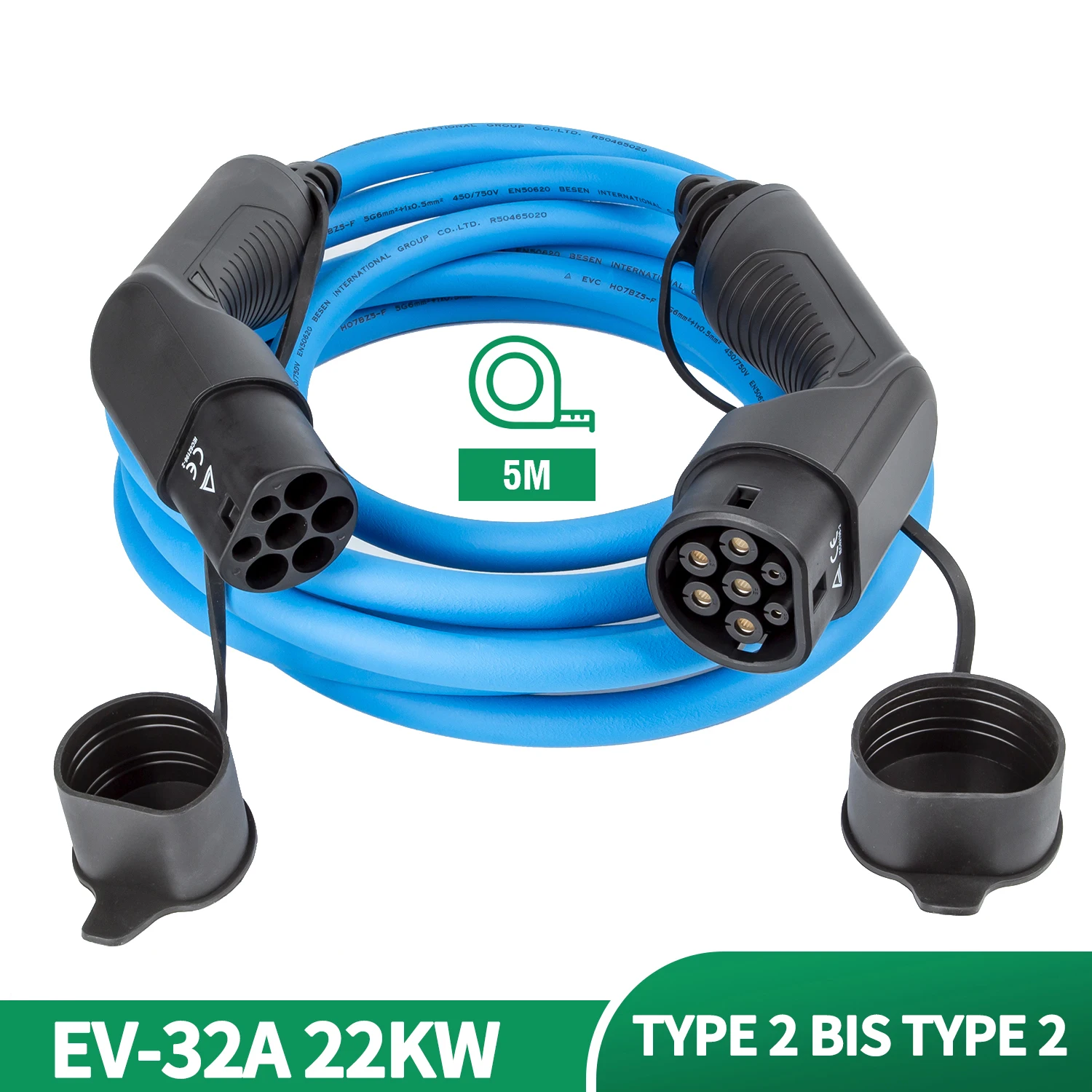 

Portable EV Charging Cable 32A 22KW 3 Phase Type2 to Type2 IEC62196-2 Electric Vehicle Cables 5M for EVSE Charger Station