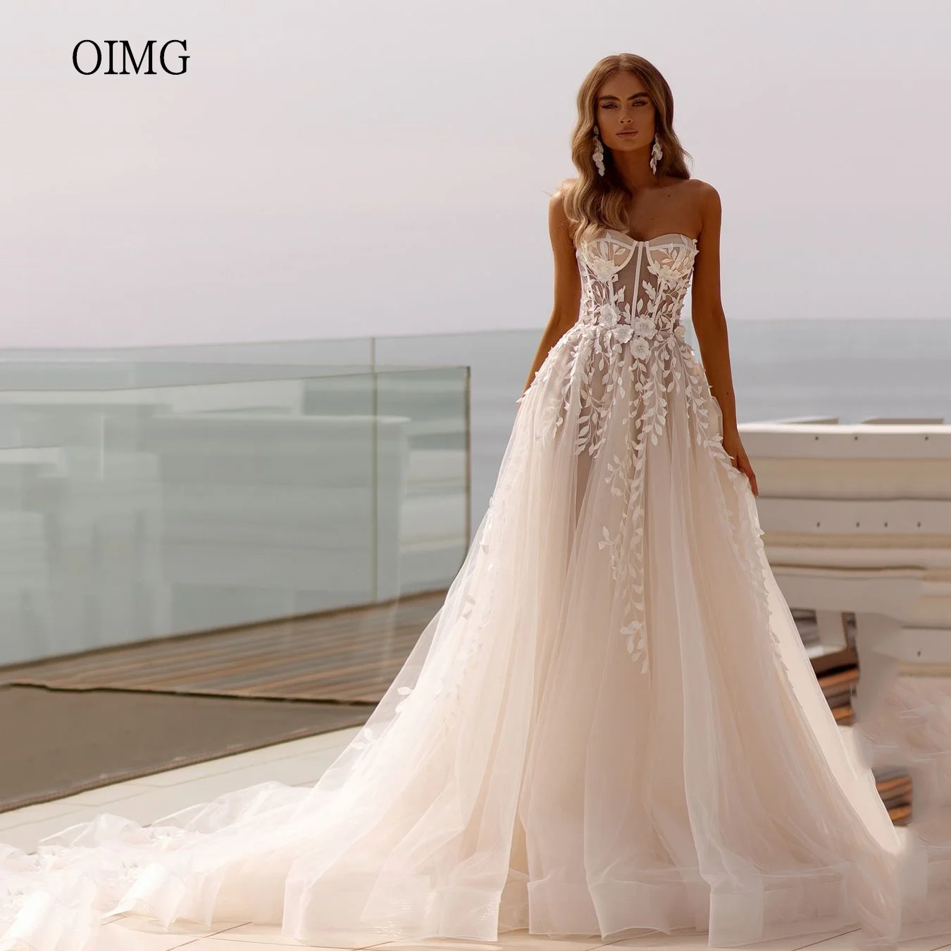 

OIMG Ivory A-line Wedding Dress Sweetheart Neck Bride Dresses 3D Flower Floor Length Wedding Gown vestidos para mujer Customized