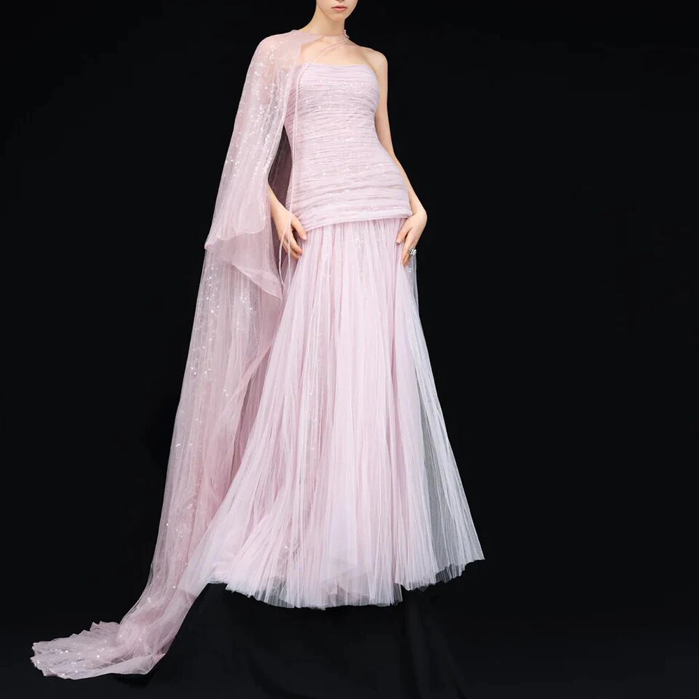 Customized Pink Strapless Evening Dress with Cape Sequin Embellished A Line Formal Gown 2 IN 1 Vestidos De Fiesta