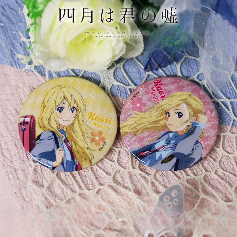 5.8cm Anime Metal Round Brooches Miyazono Kaori Arima Kousei Figure Badge Creative Hot Selling Accessories Figurine Collectible