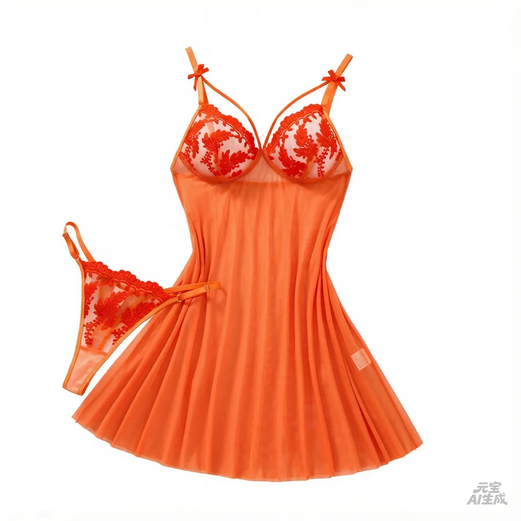 Women Orange Floral Embroidery Babydoll Nightgown Bow Strap Sheer Mesh Sleep Dress With Matching Thong Lingerie Set ZA825066