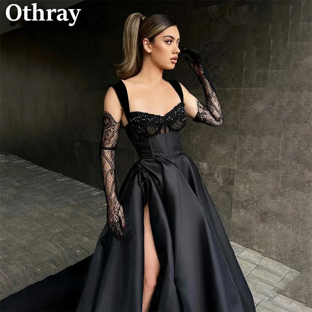 Suknie wieczorowe Othray z czarnego satyny, koronkowe, zdobione koralikami, seksowne, z wysokim rozcięciem, długie suknie balowe, suknia na Met Gala, Vestido De Noche