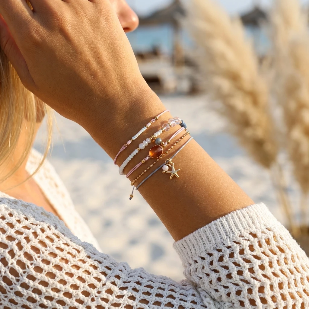 

Women's Bohemian Starfish Shell Heishi Beads Bracelet Dainty Crushed Stone Braided Rope Chain Stackable Party Jewelry Gift