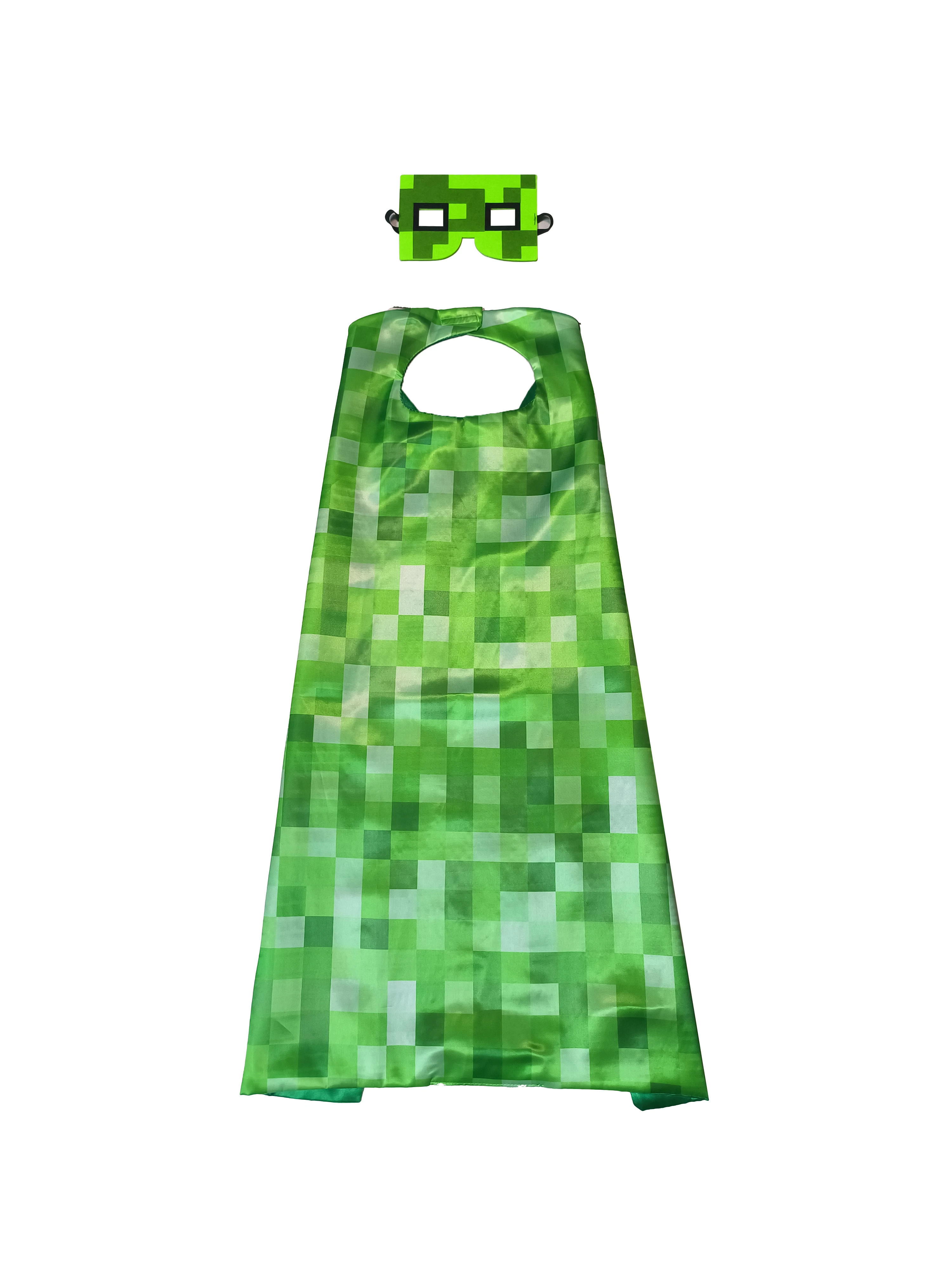 Green Pixelated Plaid Cape & Mask Set for Kids - Blocky Square Costume for Halloween, Christmas, Video Game Themed Party