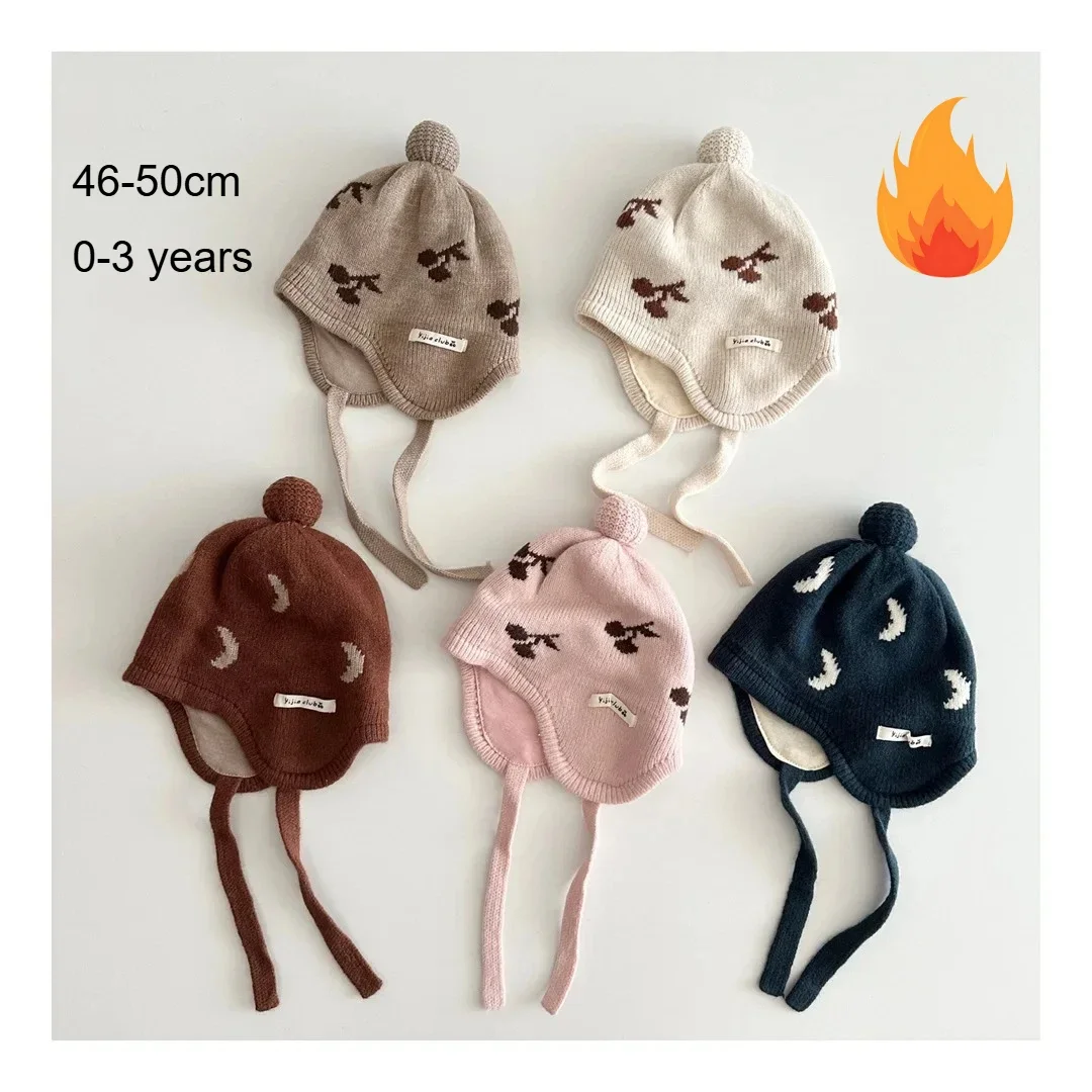 

Children's Knitted Hats Winter New Go Out Warm Straps and Wind-proof Ear Protection Hats Wool Baotou Cold Proof Caps