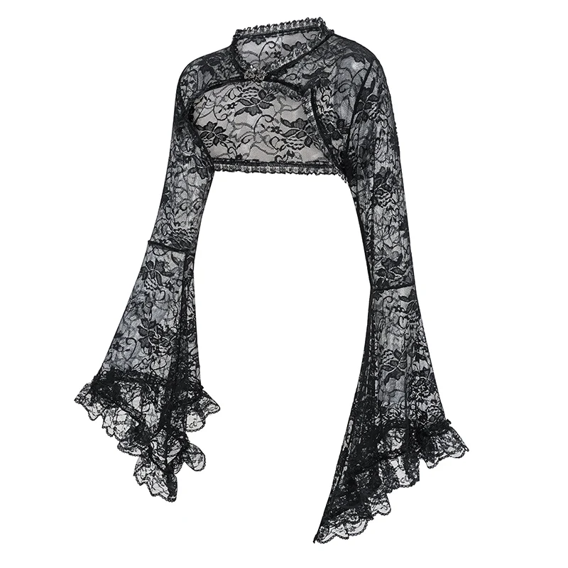 Black Transparent Floral Lace Halter Neck Flared Sleeve Victorian Steampunk Jacket Women Gothic Coat Dark Top Sexy y2k Clothes