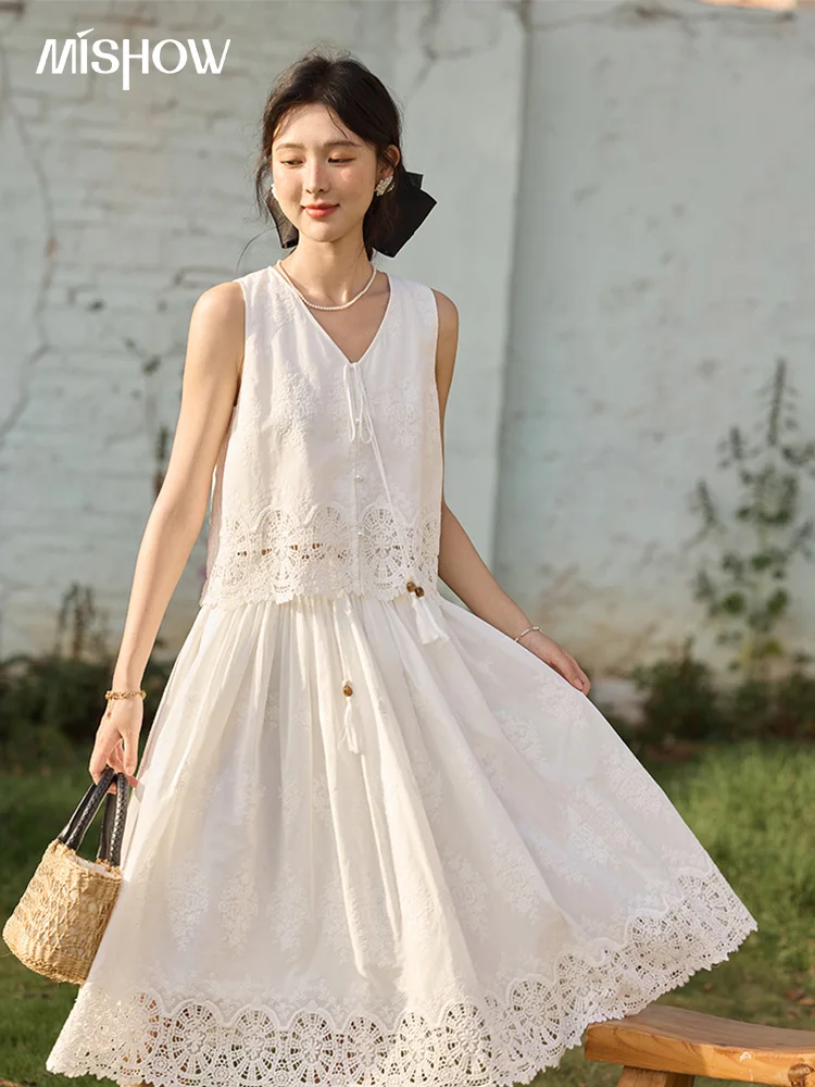 

MISHOW комплект из 2 предметов, женский топ без рукавов с v-образным вырезом и вышивкой на шнуровке, лето 2025, тонкая юбка с эластичной резинкой на талии, комплект MXE33T0593