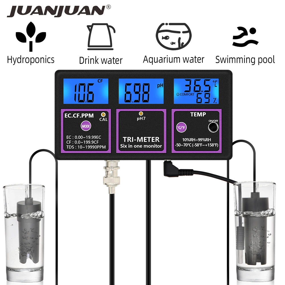 

6 in 1 Digital PH Meter Water Quality Tester Professional Aquarium Monitor Multi-parameter for Test PH Temp EC CF RH TDS