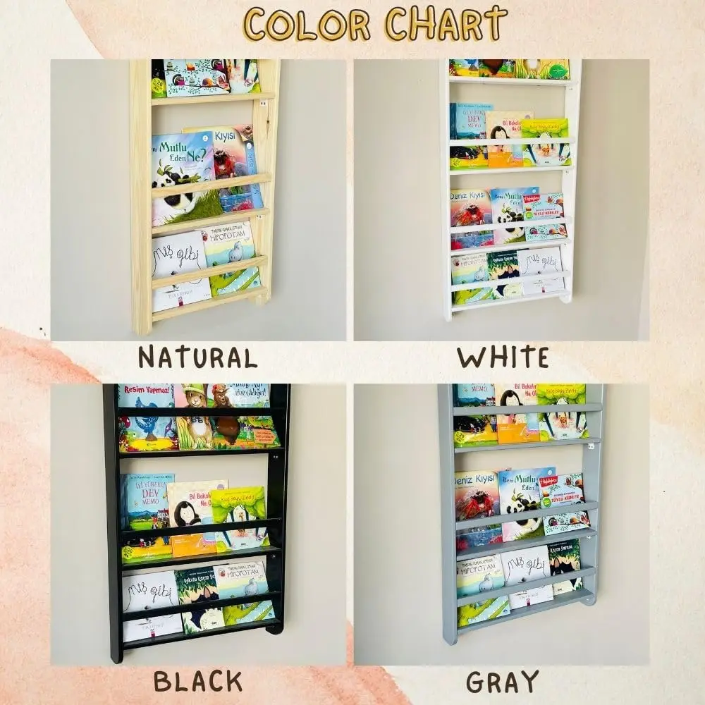 Scaffale per bambini Montessori da parete in legno massello fatto a mano, espositore per libri a 4 livelli per camera da letto dei bambini, mobili per la cameretta dei bambini