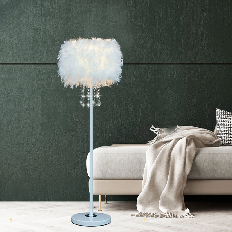 

New Arrival Crystal Feather Romantic Decoration White Standing Bedroom Living Room LED Floor Lamp