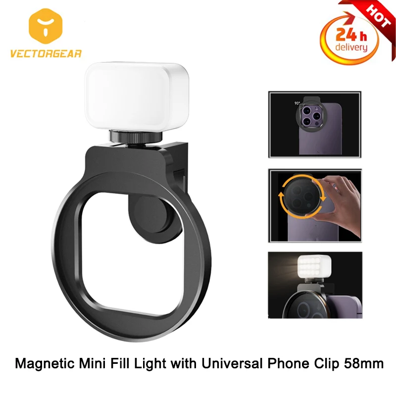 

Vectorgear 58mm Professional Phone Camera Lens Filter Ring Mount Clip with Magnetic Mini Fill Light for All Smartphones Lens