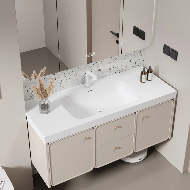 Corian-mueble de baño con lavabo integrado, mueble con combinación de pintura de roble, lavabo inteligente para piscina, con sensación de piel