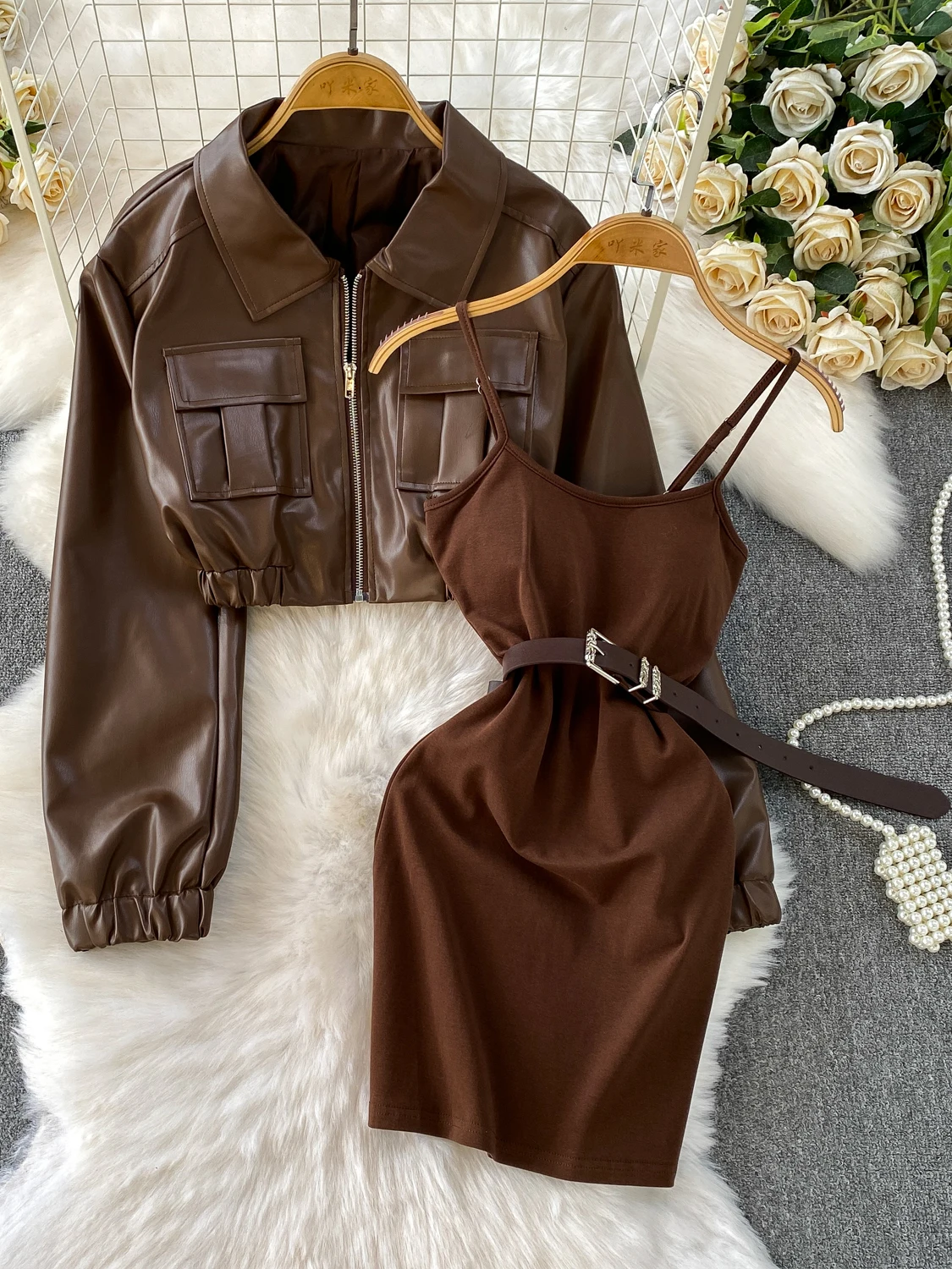 

tipo Brown Leather Jaet Женский ор Cool Sle Мотоциклетный топ + нагрудник Dr Set Faionable Slim Fit Осенняя рабочая одежда