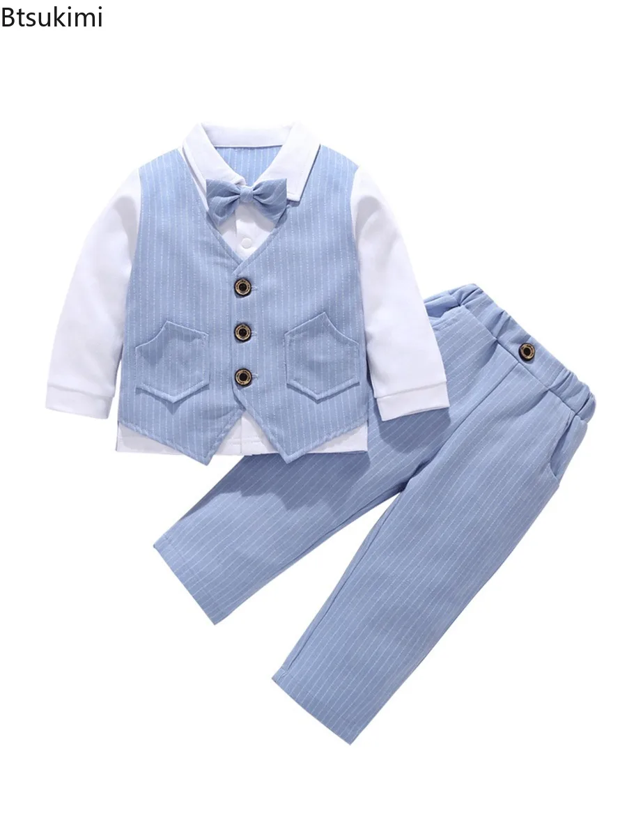 Traje Formal de cumpleaños para chico, traje para niño pequeño, chaleco a rayas para boda, camisa, pantalones para bebé de 1 a 3 años, ropa de abrigo para ceremonia para niño
