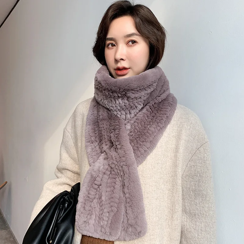 2024 New Women Real Fur Scarf High Quality Luxury Long Natural Rex Rabbit Fur Scarf Thick Warm Winter Fashion Brand Fur Muffler