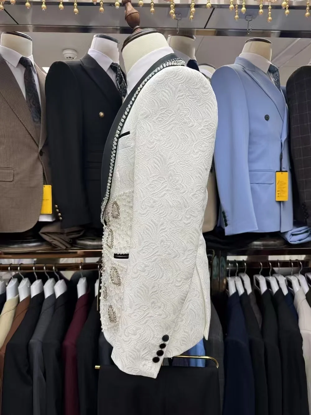 Белый жаккардовый мужской костюм, комплект из 2 предметов: пиджак + брюки, черные брюки, свадебные смокинги, формальный офисный хлопок, куртка для выпускного жениха, пальто