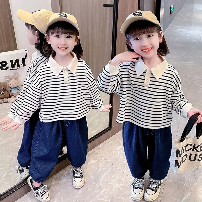 

Baby Girl Spring Clothes Suit Children's Korean Fashion Striped T-shirt Two-Piece Girls' Sweater Spring and Autumn Clothes Tops