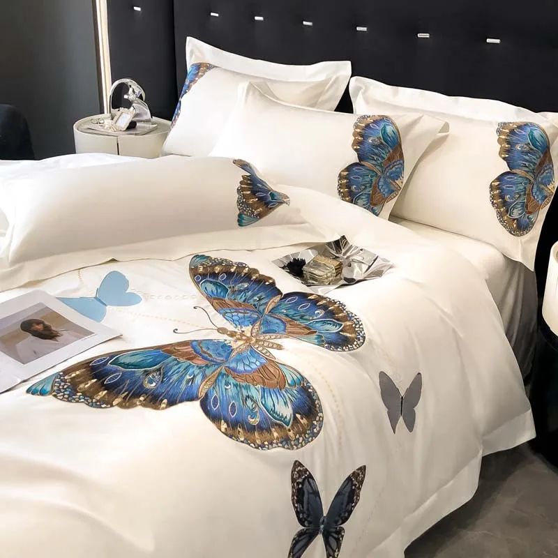 1000TC Egyptian Cotton Butterfly Embroidery Luxury Bedding Set Soft Silky 1 Duvet Cover Set, 1 Fitted/Flat Sheet, 2 Pillowcases