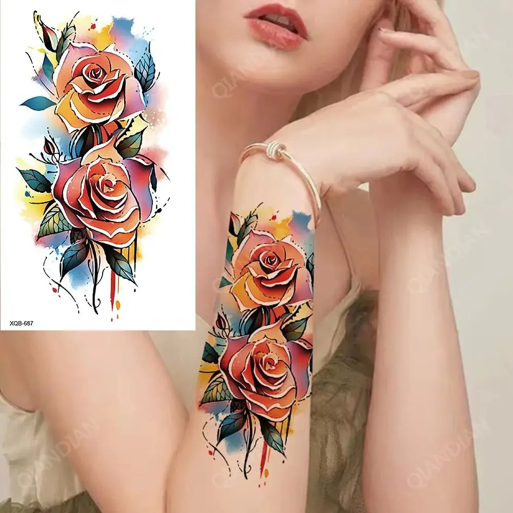 Colorful Flower Waterproof Temporary Tattoo Sticker For Women Flash Pink Heart Rose Butterfly Arm Art Paint Beauty Fake Totem