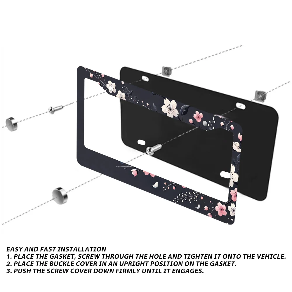 Cherry Blossom License Plate Frames Sakura Flower Car Tag Frames Floral Branch Auto Plates Tags 2 Holes with Screws