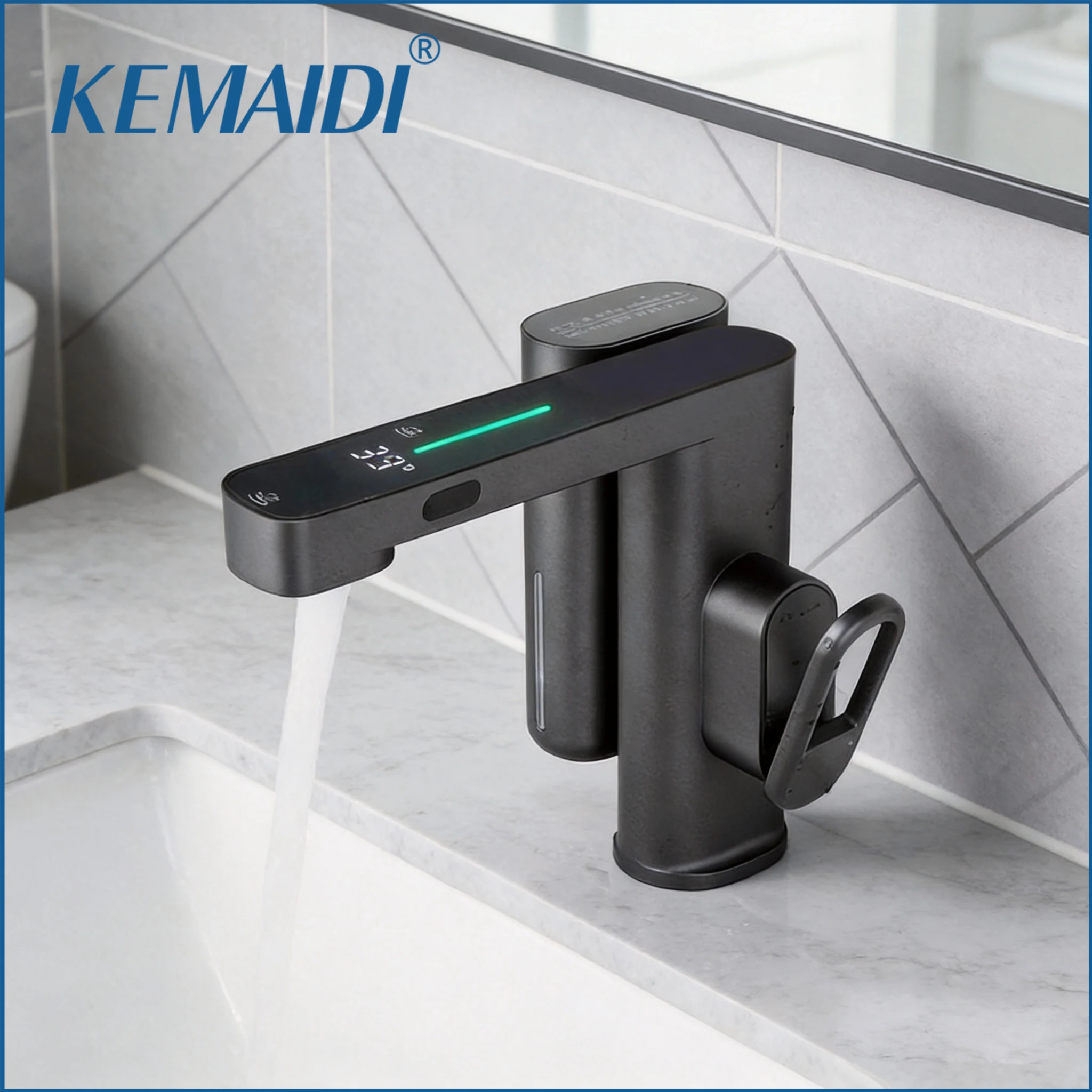 

KEMAIDI Grey Bathroom Basin Sensor Faucet with Sensor Soap Dispenser Set Bathroom Faucets Deck Mounted Mixer White Tap for Sink