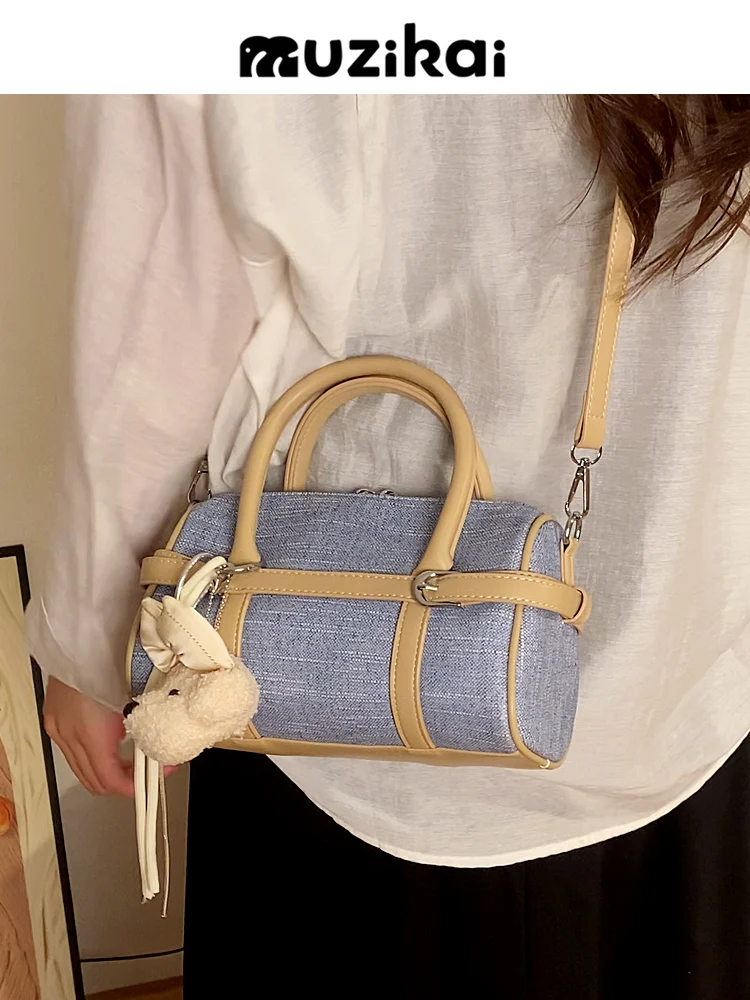 MuziKai Fashionable Color Block Bowling Bag Women's Handbag Soft Handle Medium Hardness Polyester  Zipper Closure