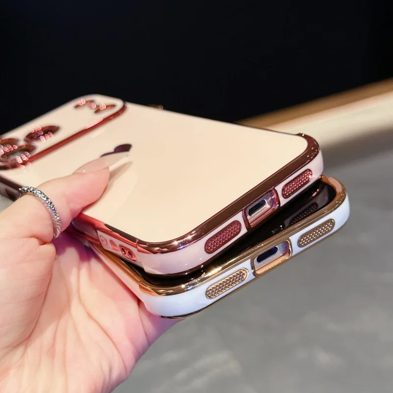 Luxury Plating Love Heart Soft Phone Case For iPhone 17 Air 16 15 14 13 12 11 Pro Max Mini Plus Edge Pattern Silicone Back Cover