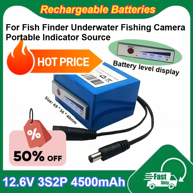 

18650 12.6V Lithium Battery 3S2P 4500mAh Capacity + Charger for Fish Finder Underwater Fishing Camera Portable Indicator Source