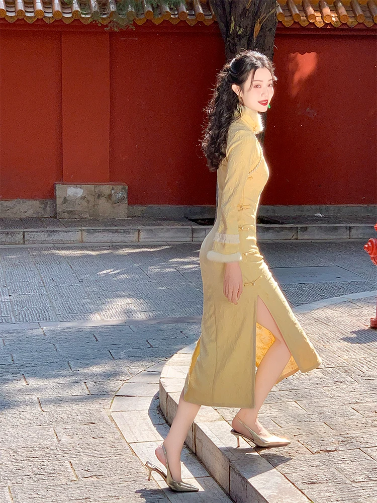 Qipao long amélioré pour jeune fille, jaune canard, respirant, à motif floral, à manches longues, pour usage quotidien