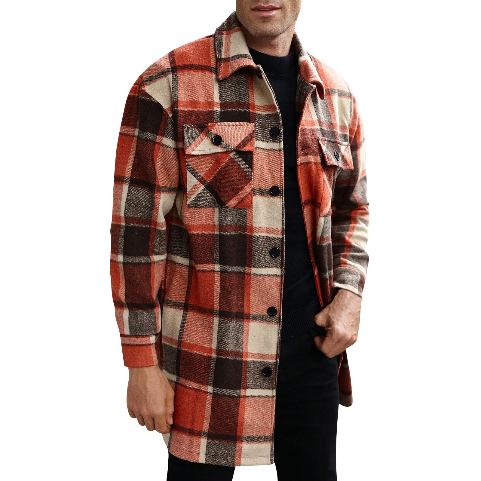 Double Pocket Trench Coat Men'S Long Coat Casual Sports Long-Sleeved Shirt Long Button-Down Top Multi-Colored Fashionable Jacket