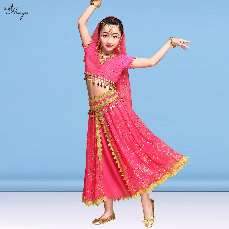 مجموعة أزياء بوليوود للأطفال، فستان رقص هندي، ملابس رقص البطن، بدلة شيفون لعروض الرقص البطن على المسرح، 8 قطع/مجموعة