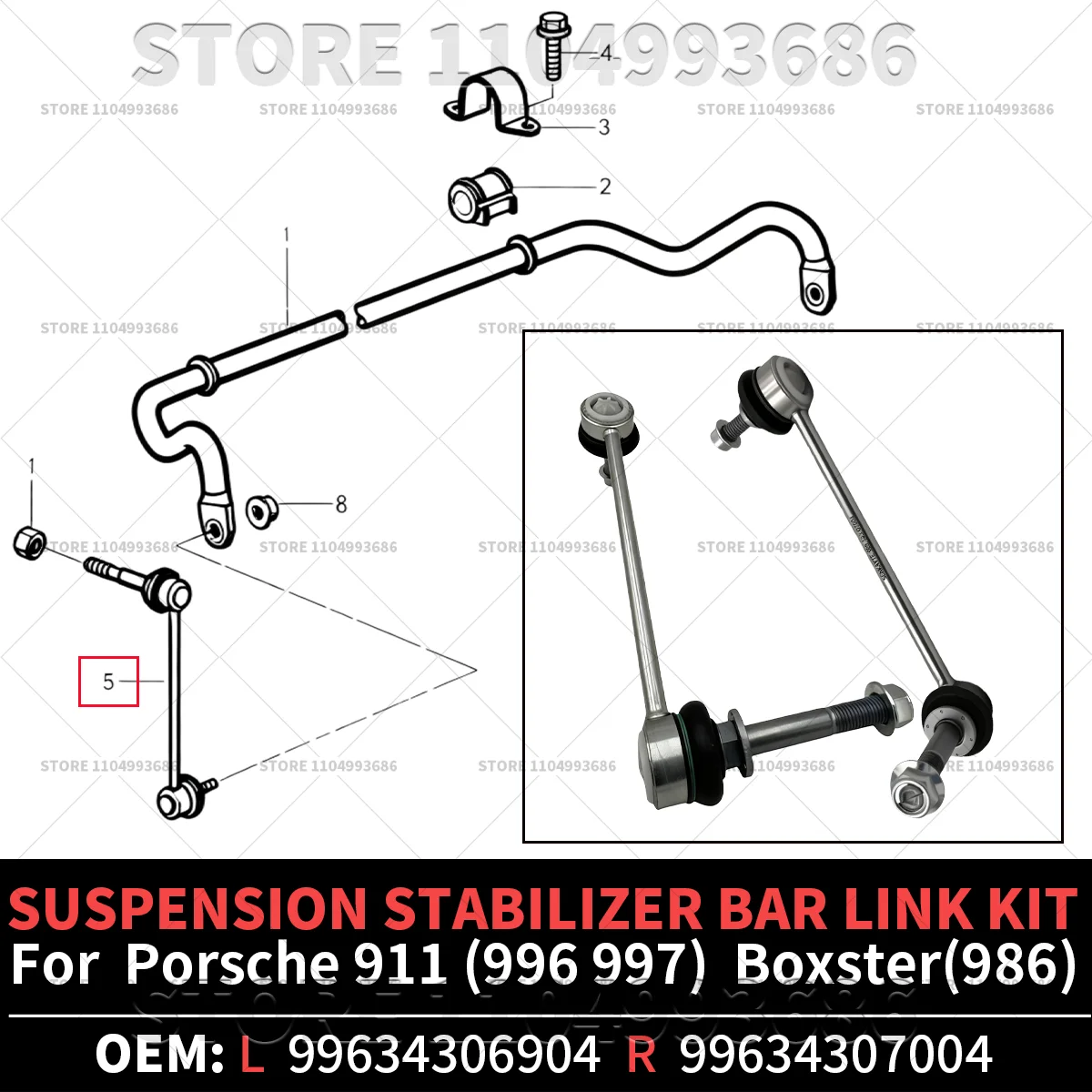 

Для Porsche 1997-2004 Boxster (986) 1999-2005 911 (996 997) Комплект звеньев стабилизатора подвески OEM 99634306904 99634307004