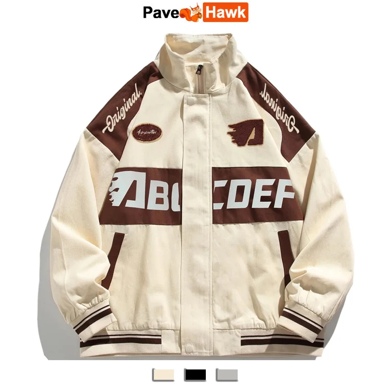 

Retro Bomber Jacket Men Vintage Racing Baseball Jackets Couple Motorcycle High Street Loose Patchwork Coats Spring Autumn 2023