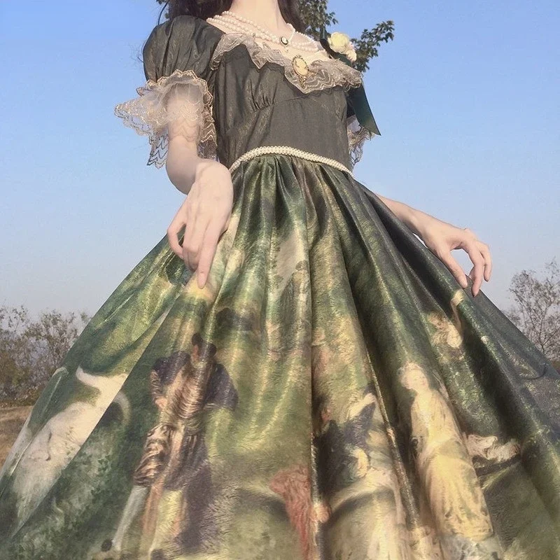 Oil Painting Handle Lolita Forest Lace Ruffles Fairy Dress Green Printing Dressses Cosplay Tage Performance Gothic