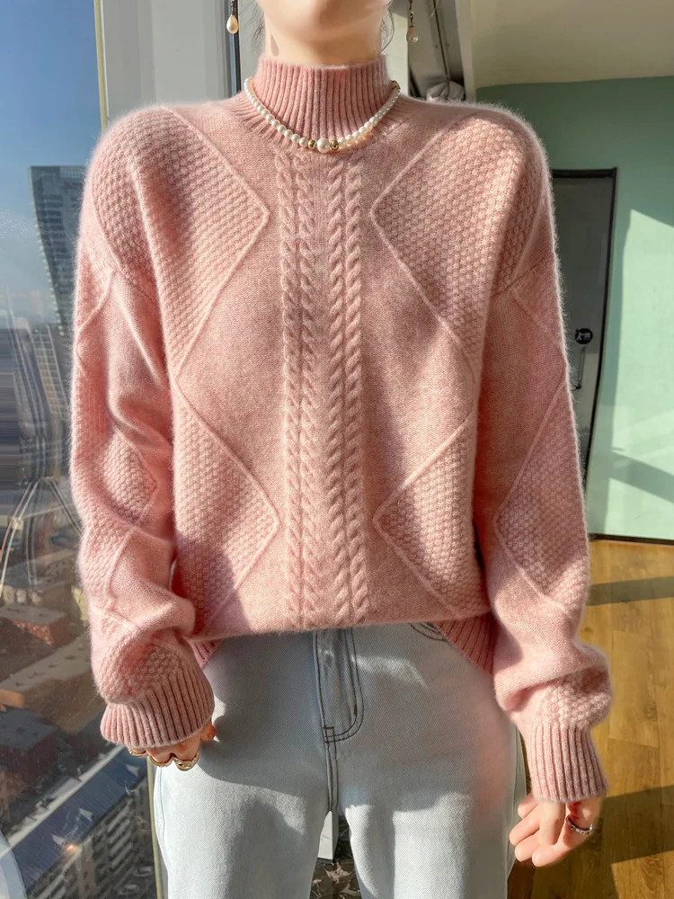 

High Quality Women's Twist Pullover Sweater 100% Merino Wool Mock Neck Thick Soft Warm Knitwear Autumn Winter Female Clothing