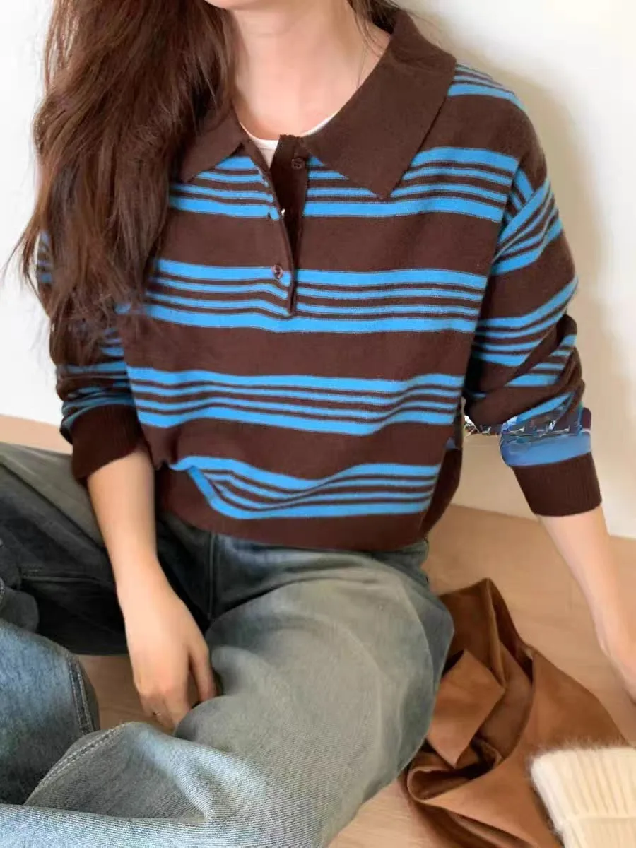 

Осенний повседневный приталенный полосатый трикотажный свитер-худи 2025 года: модный женский свитер с цветовыми блоками