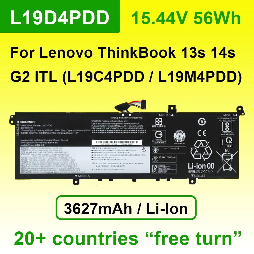 L19D4PDD L19C4PDD L19M4PDD For Lenovo ThinkBook 13S 14S G2 ITL Series Laptop Battery 5B10Z37617 5B10Z37618 15.44V 56Wh 3627mAh