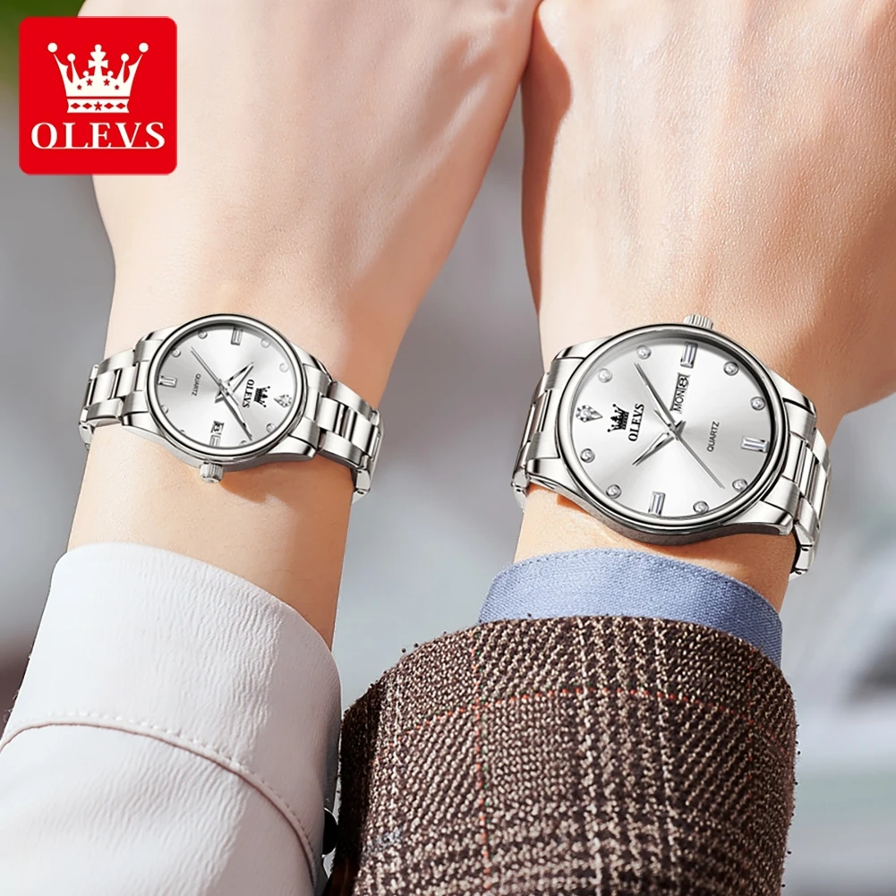 OLEVS 3621 Couples Quartz Watches Stainless Steel Trap Waterproof Luminous Automatic date For Couples Trendy Diamond Inlay