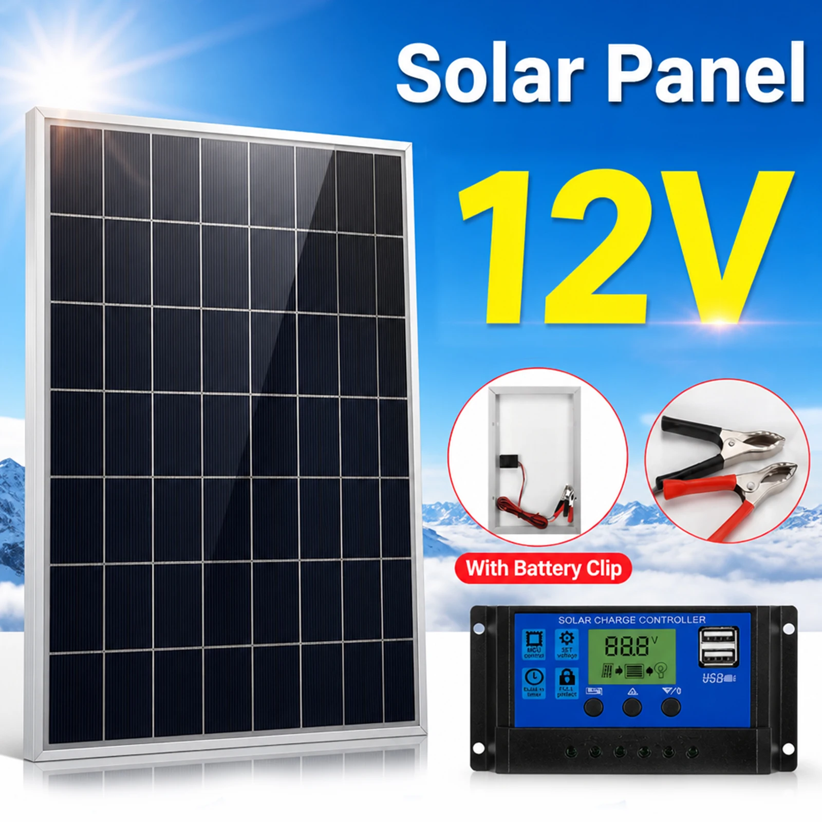12V Solar Panel Kit Complete Power Portable Outdoor Rechargeable Solar Cell Generator For Home