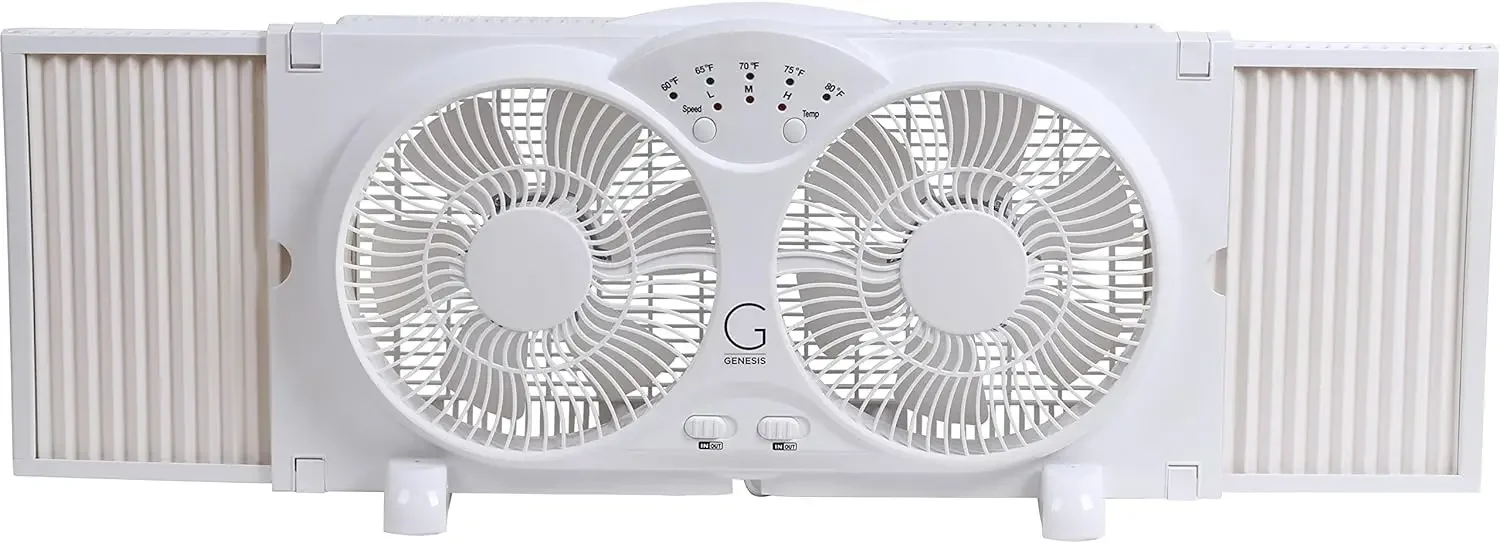 Dubbele Ventilator Met Hoge Snelheid Omkeerbare Luchtstroom, Led-Indicatielampjes Instelbare Thermostaat Etl Gecertificeerd, Wit (A1windowfan)