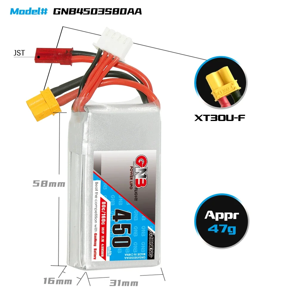 GAONENG GNB 450mAh 3S 80C 160C 11.1V XT30 and JST LiPo Battery Square Type Cinelog Cinewhoop RC Toy small heli Airplane Quads