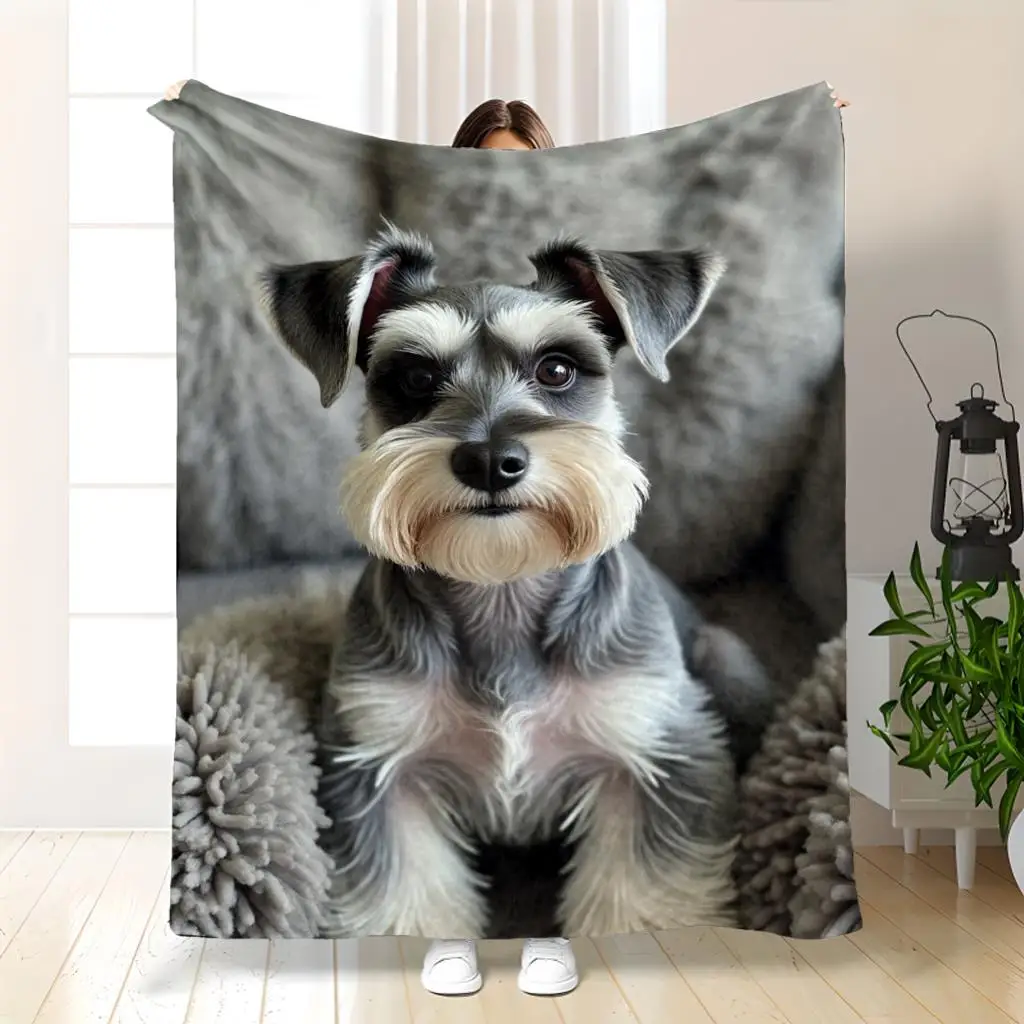 Cute Schnauzer Puppy Realistic Photo Flannel Blanket Adorable Pet Dog Art Plush Throw Blanket for Bedroom Sofa Cover