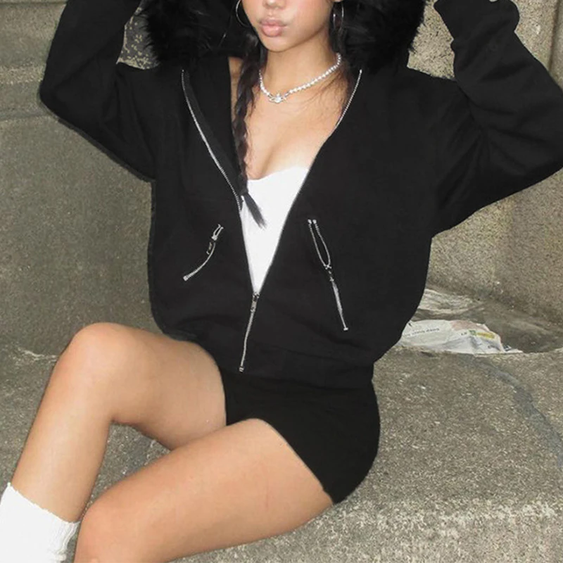 New Black Zipper Split Printed Plush Hooded Sweater High Street BF Style Loose and Warm Coat Y2k Style