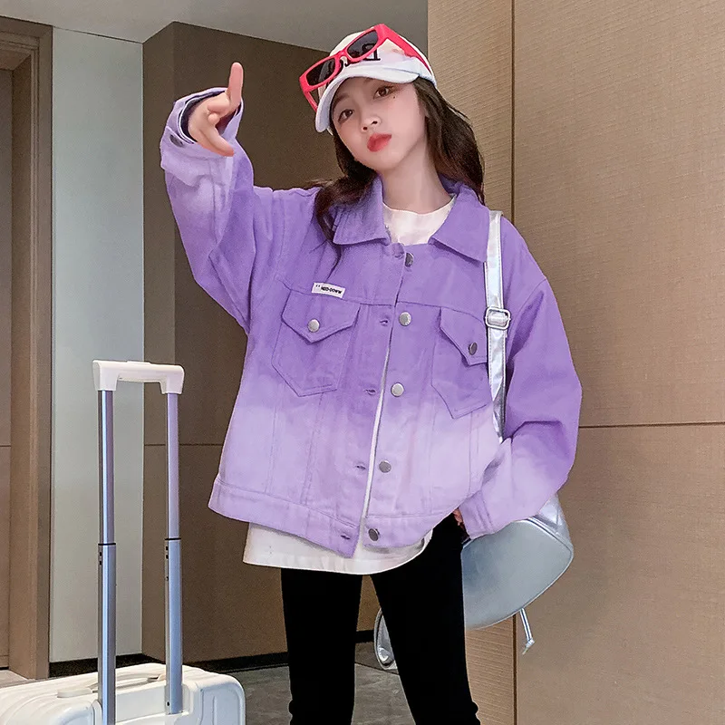 New Fashion Teenage Girls Gradient Denim Jacket Pink/Purple Cardigan Kids Korean Streetwear Clothes Outerwear Coats 5-16 Years