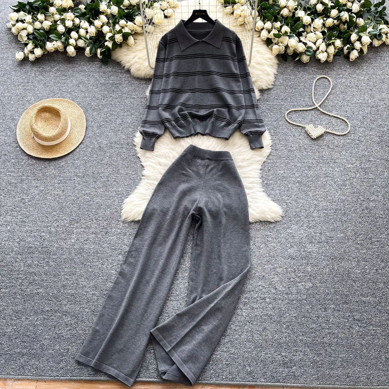 Women Pant Set Two Piece Sets Turn Down Collar Full Sleeve Striped Knitted Tops Wide Leg Long Pants Elastic Waist Y2k Streetwear