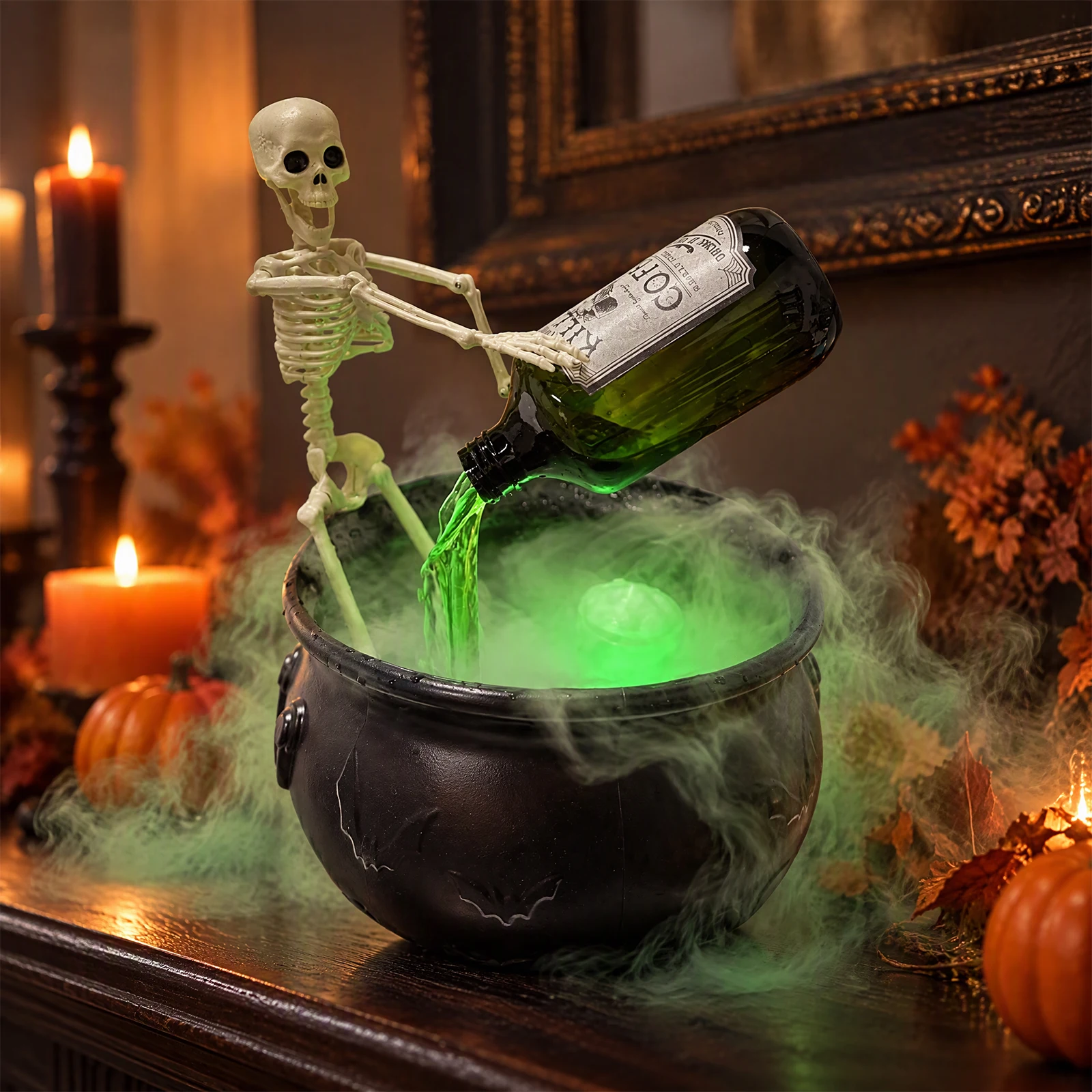 Witch Cauldron Halloween Decor Fogger LED Skeleton Floating Potion Bottle Pump 3 Dye Splash Guard Table Display